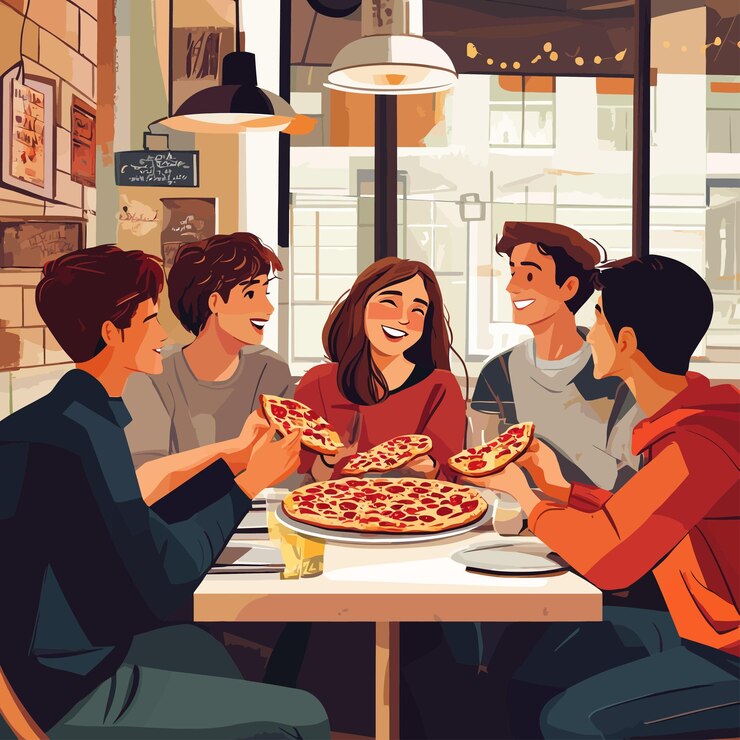 Vetor uma ilustração de desenho animado de pessoas sentadas em uma mesa com pizza e um sinal dizendo "vá para a direita"