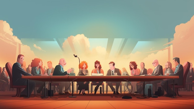 Vetor uma ilustração de desenho animado de pessoas sentadas em uma mesa com um fundo de céu