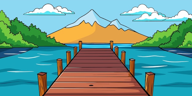 Vetor uma ilustração de desenho animado de um cais de madeira com montanhas ao fundo