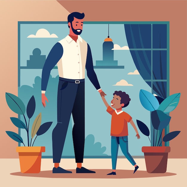 uma ilustração de desenho animado de um homem e uma criança de mãos dadas