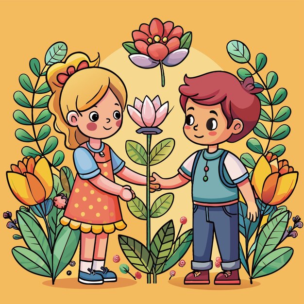 Vetor uma ilustração de desenho animado de um menino e uma menina de mãos dadas com uma flor e uma garota segurando uma flor