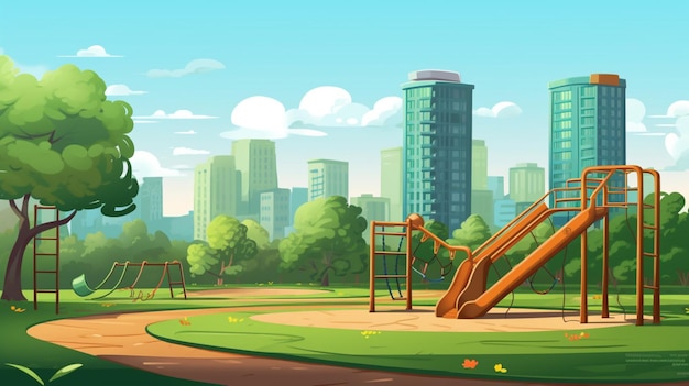 Vetor uma ilustração de desenho animado de um playground com um grande edifício no fundo