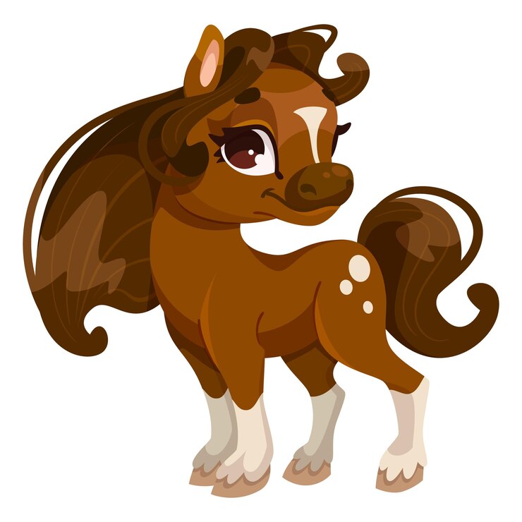 Vetor uma ilustração de desenho animado de um pónei castanho com marcas brancas em pé em um fundo simples representando um personagem animal bonito ilustração vetorial