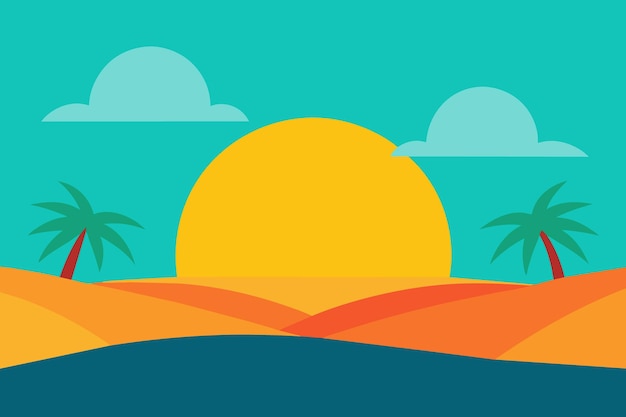 Vetor uma ilustração de desenho animado de um pôr-do-sol com palmeiras ao fundo