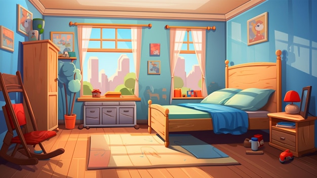 Vetor uma ilustração de desenho animado de um quarto com uma janela e uma cama com uma roupa de cama azul