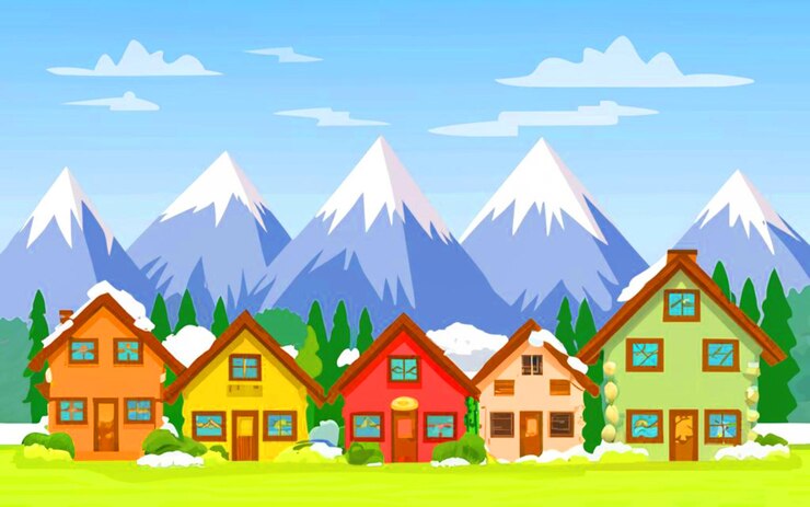 Vetor uma ilustração de desenho animado de uma aldeia colorida com montanhas no fundo