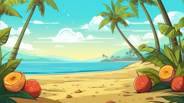 Vetor uma ilustração de desenho animado de uma cena de praia com cocos e palmeiras