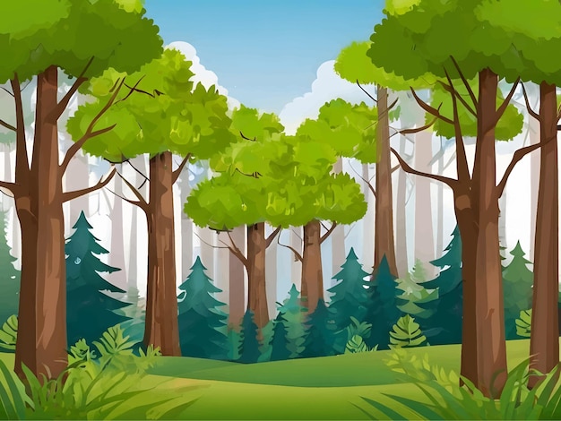 uma ilustração de desenho animado de uma floresta com árvores e grama