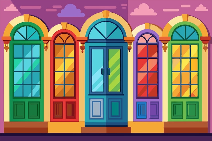Vetor uma ilustração de desenho animado de uma janela de arco-íris com o arco-íris no fundo