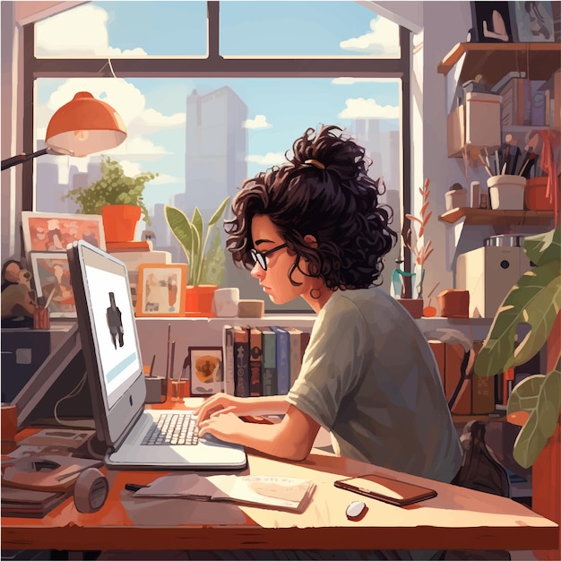 Uma ilustração de desenho animado de uma mulher trabalhando em um computador