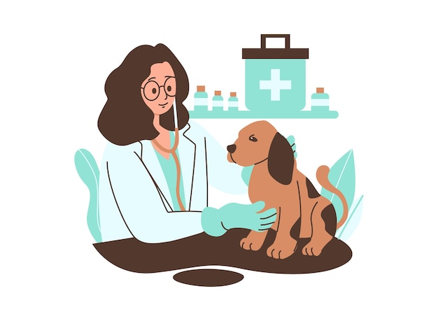 Uma ilustração de desenho animado de uma veterinária examinando um cão em uma clínica