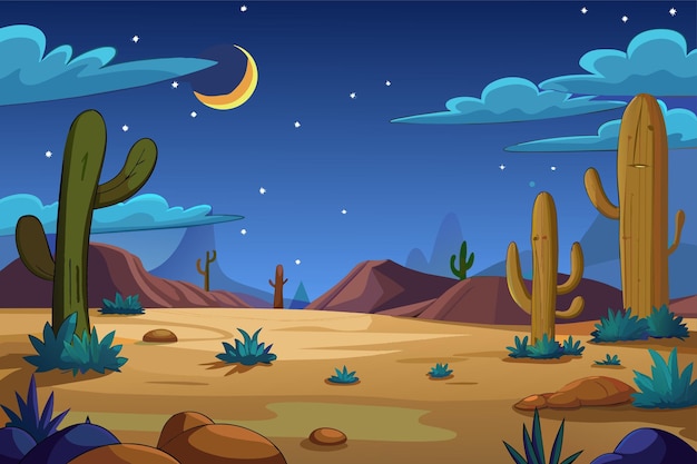 Vetor uma ilustração de desenho animado do deserto com cactos e paisagem do deserto