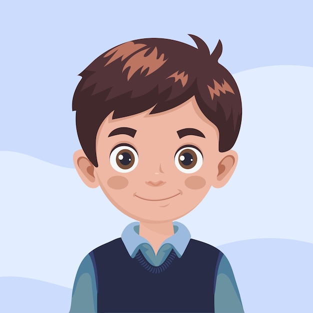 Uma ilustração de desenho animado vetorial de um retrato de um menino jovem O personagem é retratado da cabeça e ombros para cima com cabelos castanhos olhos castanhos e um sorriso amigável