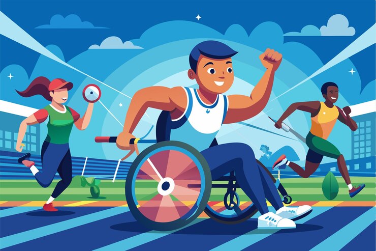 Vetor uma ilustração de desenho animado vibrante mostra atletas com deficiência correndo em uma pista celebrando suas conquistas atletismo paralímpico ilustração de desenhos animados personalizável