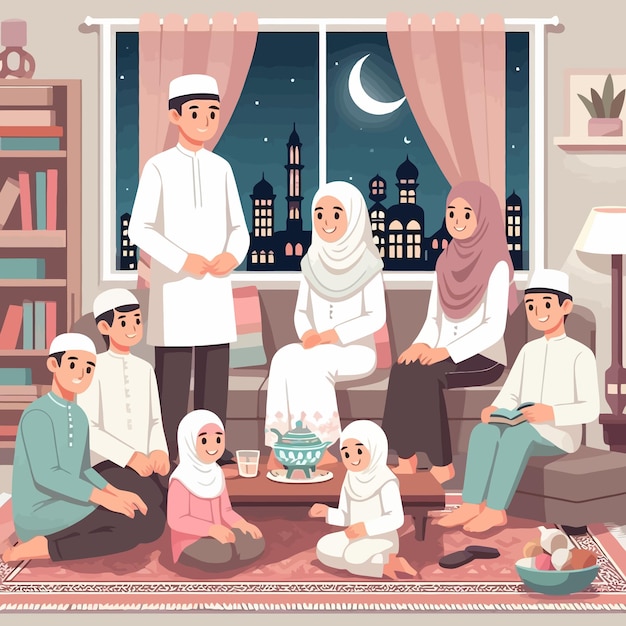 Vetor uma ilustração de design plano da reunião da família muçulmana da sharia no ramadã