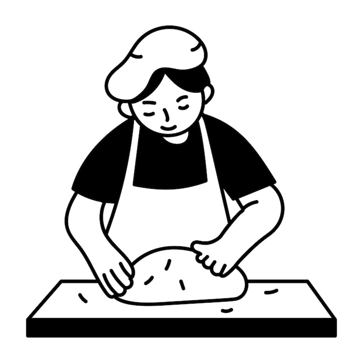 Vetor uma ilustração de estilo doodle de um personagem amassando massa com as mãos