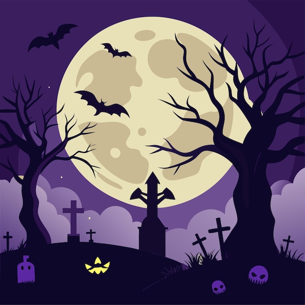uma ilustração de halloween com uma lua cheia e morcegos nele