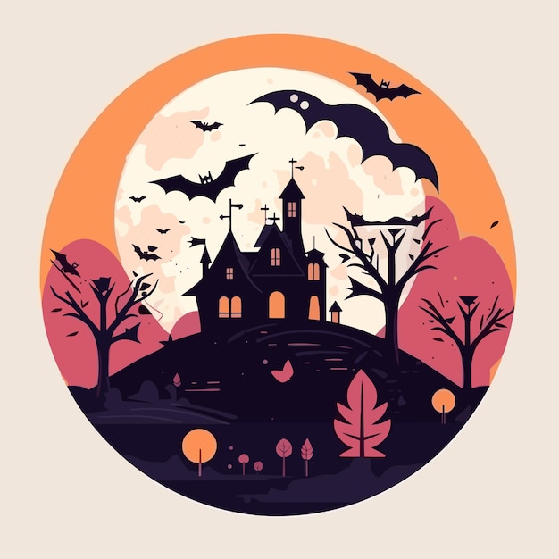 Uma ilustração de halloween de uma casa assombrada com morcegos voando ao seu redor.