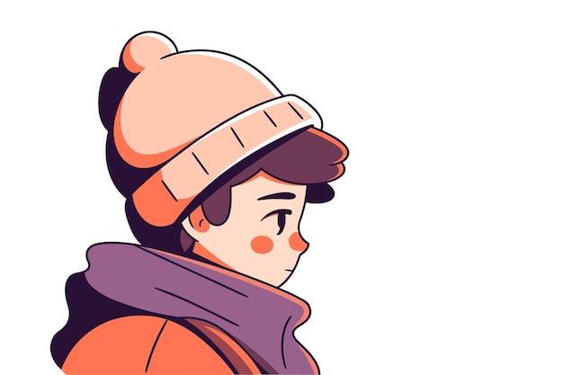 Vetor uma ilustração de perfil lateral de uma criança em um chapéu de inverno quente sugerindo contemplação ou sonho acordado