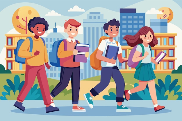 Uma ilustração de quatro alunos caminhando para a escola carregando mochilas e livros Os alunos são diversos e eles estão andando em uma calçada em frente a um edifício da cidade