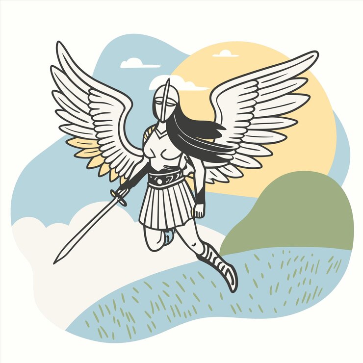 Vetor uma ilustração de um anjo com uma espada e as palavras " deus " citadas nela