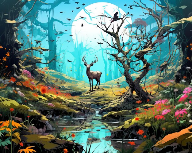 Vetor uma ilustração de um cervo em uma floresta com flores e árvores