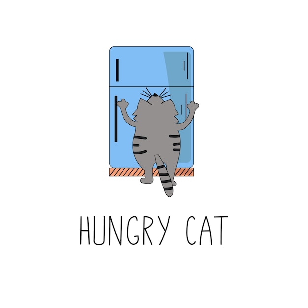Uma ilustração de um gato doodle em frente a uma geladeira