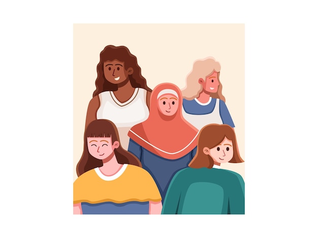 Vetor uma ilustração de um grupo de mulheres com diferentes raças e cores de pele reunidas em unidade