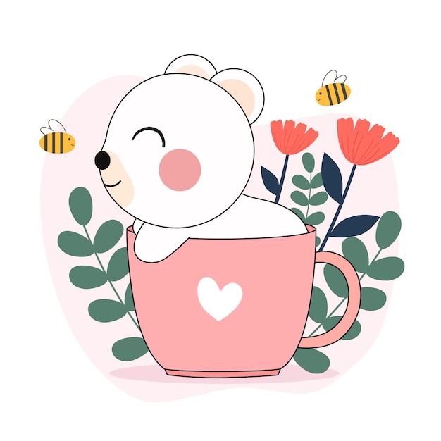Uma ilustração de um ursinho branco fofo em uma xícara