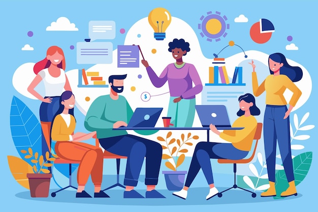 Uma ilustração de uma equipe diversificada de profissionais colaborando em um escritório moderno usando laptops para discutir ideias e alcançar seus objetivos