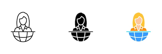 Uma ilustração de uma menina segurando um ícone do planeta que representa o conceito de consciência e responsabilidade ambiental Conjunto vetorial de ícones em estilos de linha pretos e coloridos isolados