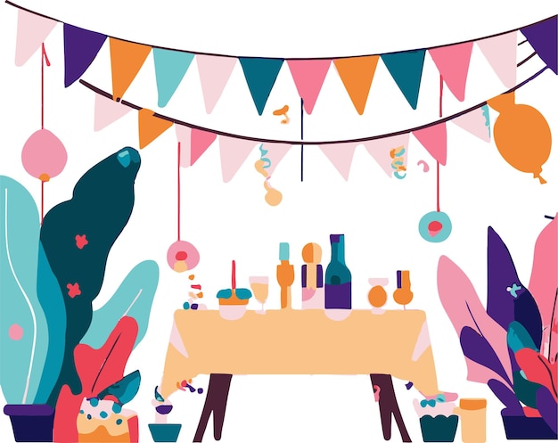 Uma ilustração de uma mesa com um banner que diz 'uma festa'