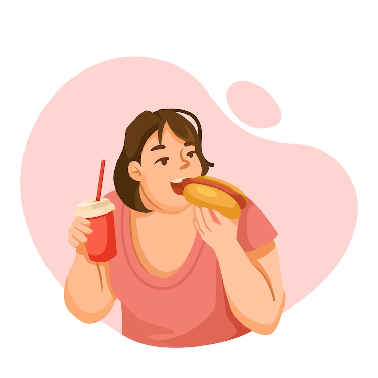 Vetor uma ilustração de uma mulher comendo um cachorro-quente e bebendo um refrigerante em um estilo gráfico plano em um fundo rosa representando o prazer de fast food ilustração vetorial
