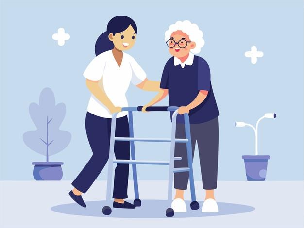 uma ilustração de uma mulher idosa empurrando um caminhante com uma mulher mais velha