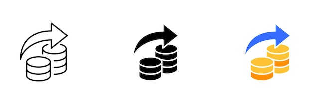 Uma ilustração de uma pilha de moedas com uma seta apontando para cima, representando investimento em crescimento financeiro e poupança Conjunto de vetores de ícones em estilos de linha pretos e coloridos isolados