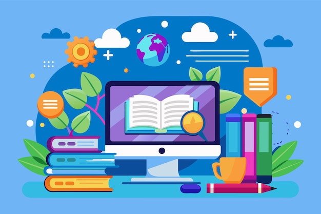 Uma ilustração de uma tela de computador mostrando um livro aberto com uma lupa em cima A tela está em uma mesa com livros um lápis e uma xícara de café