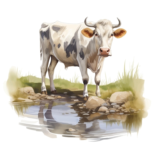 Vetor uma ilustração de uma vaca de pé perto de uma lagoa