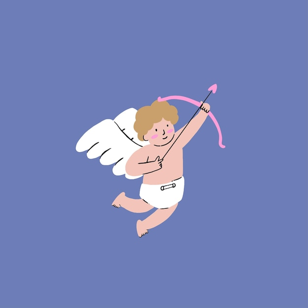 Uma ilustração desenhada à mão de um Cupido gordinho segurando o arco e mirando os lindos casais com o l