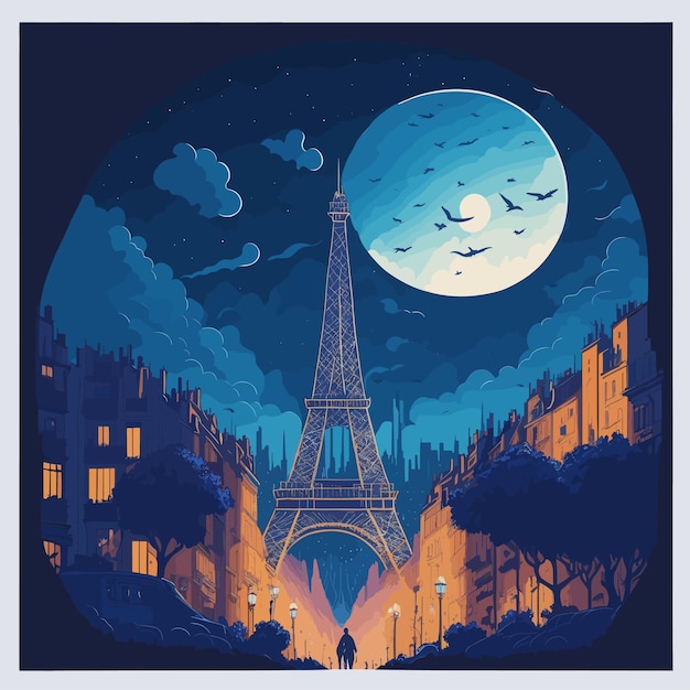 Uma ilustração detalhada alta da paisagem noturna de paris