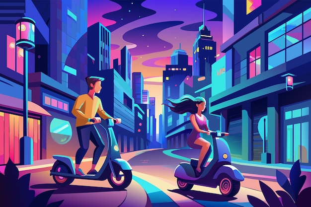 Uma ilustração digital vibrante de duas pessoas montando scooters elétricos em uma rua da cidade iluminada por néon à noite com edifícios futuristas e céus giratórios