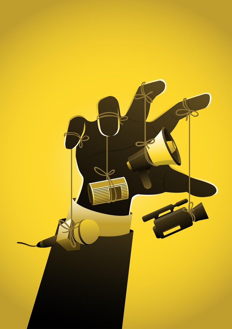 Vetor uma ilustração do braço do empresário controlando a manipulação da mídia