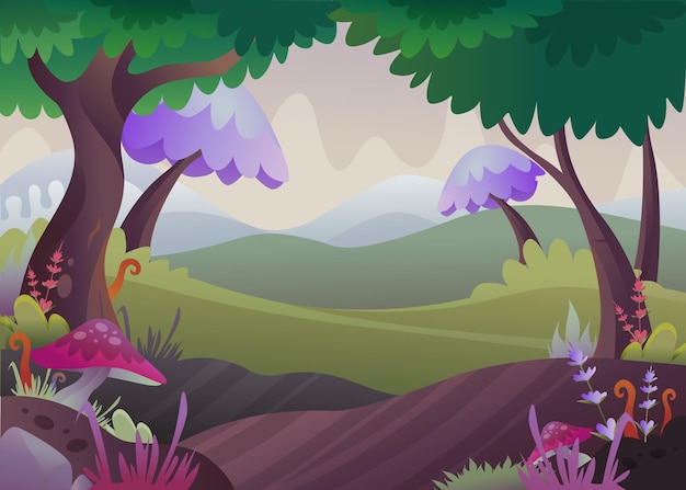 Vetor uma ilustração dos desenhos animados da floresta encantada do jardim com flores roxas