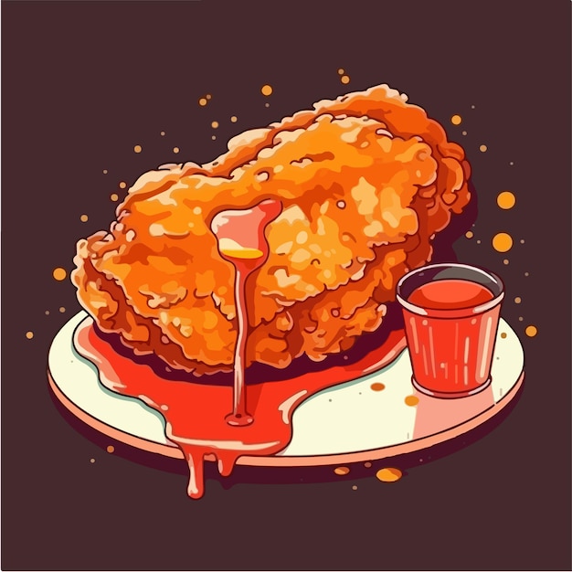 Vetor uma ilustração dos desenhos animados de frango frito com uma dose de molho vermelho.