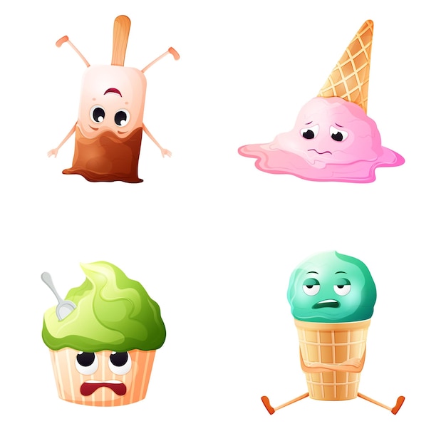 Vetor uma ilustração dos desenhos animados de um cupcake com as palavras sorvete e um rosto triste.