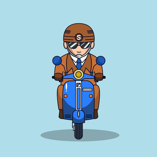 Vetor uma ilustração dos desenhos animados de um homem em uma scooter com um fundo azul.