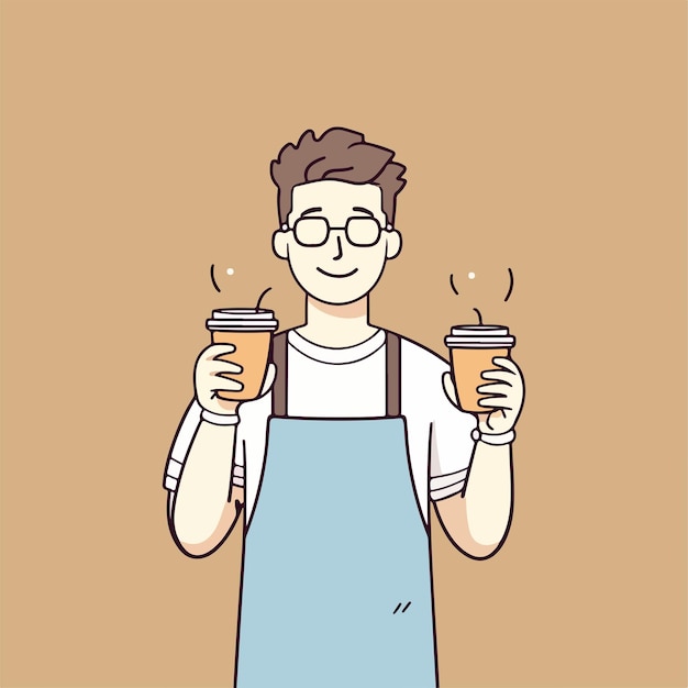uma ilustração dos desenhos animados de um homem segurando xícaras de café