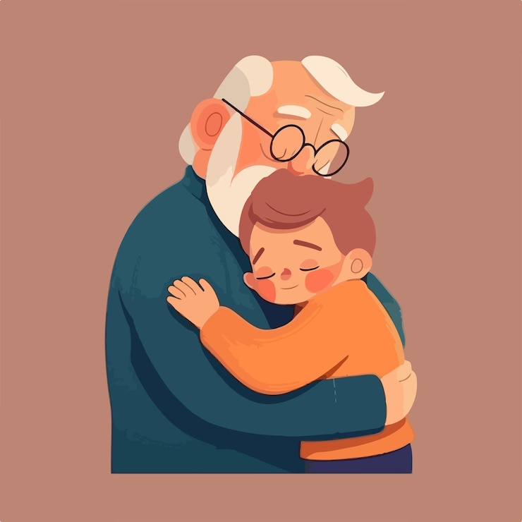 Vetor uma ilustração dos desenhos animados de um menino abraçando seu avô.