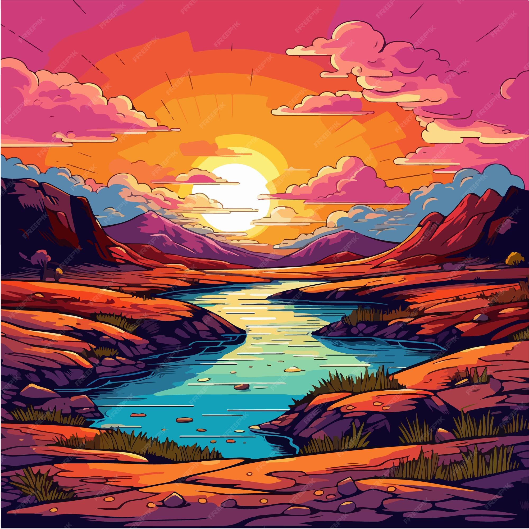 Pôr do sol de pixel na ilustração vetorial de montanhas