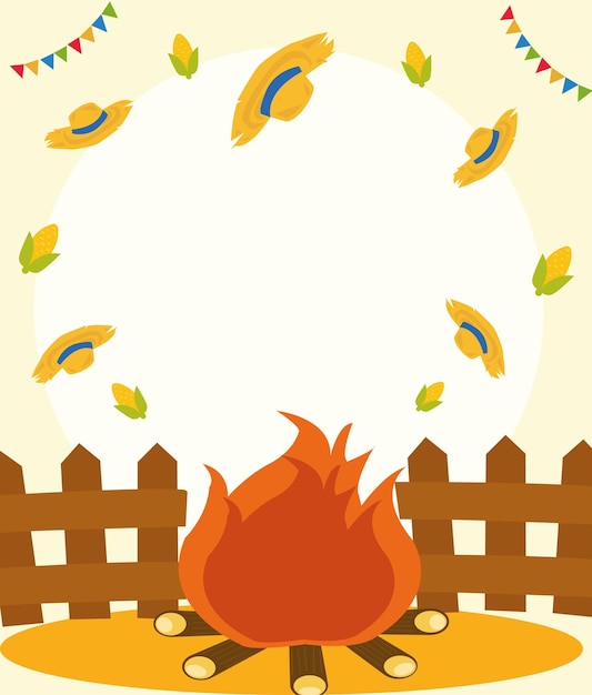 Uma ilustração dos desenhos animados de uma fogueira com uma cerca e uma cerca com bandeiras ao redor.