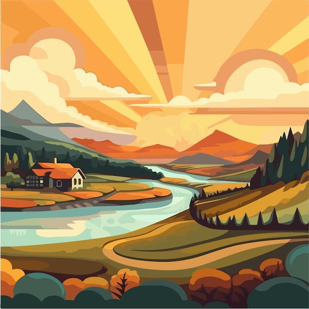 Uma ilustração dos desenhos animados de uma paisagem com montanhas e um rio.